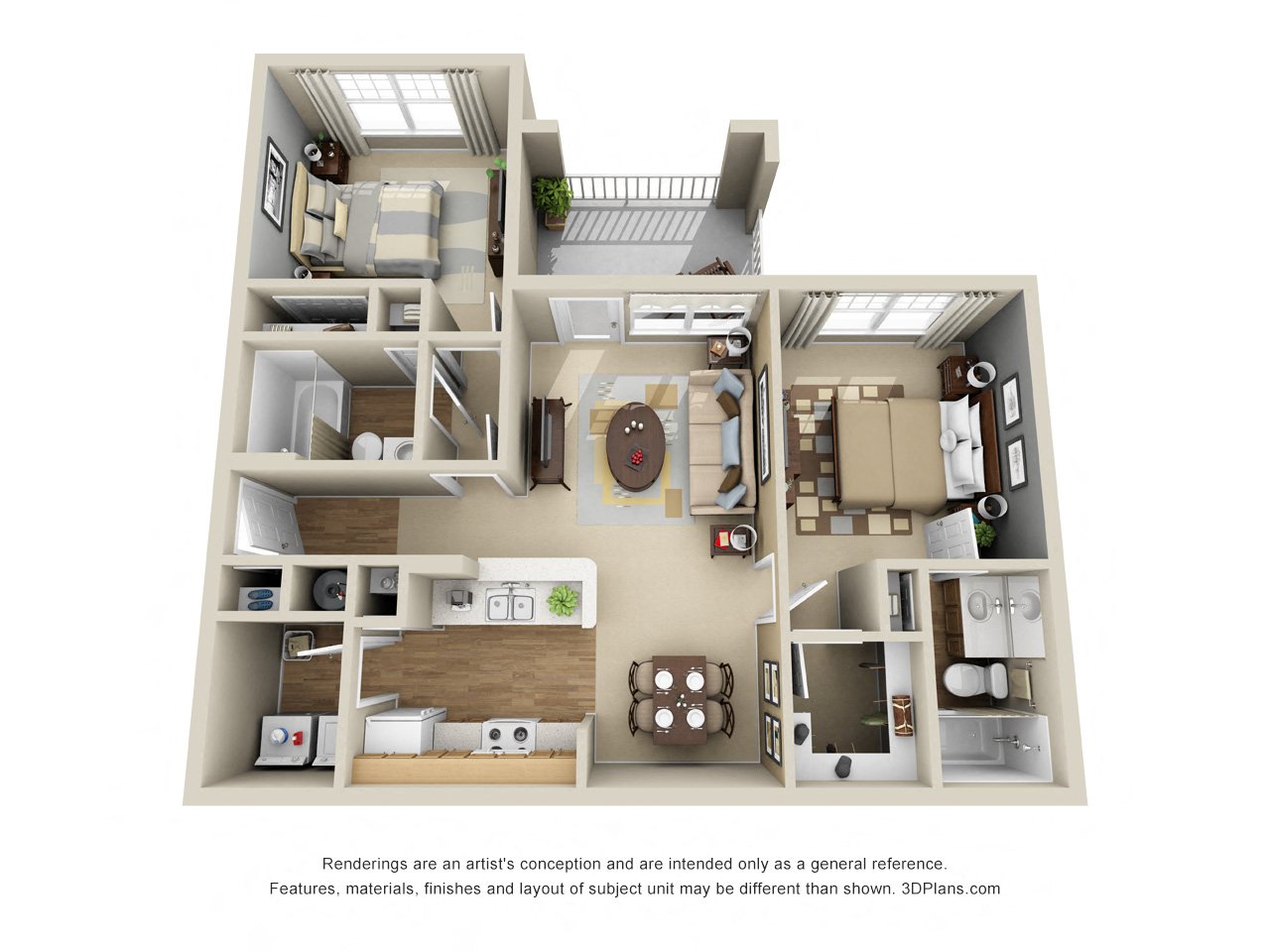 Cedar 3D. 2 bedroom apartment. Kitchen with bartop open to living/dinning rooms. 2 full bathrooms. Walk-in closet in master. Patio/balcony.